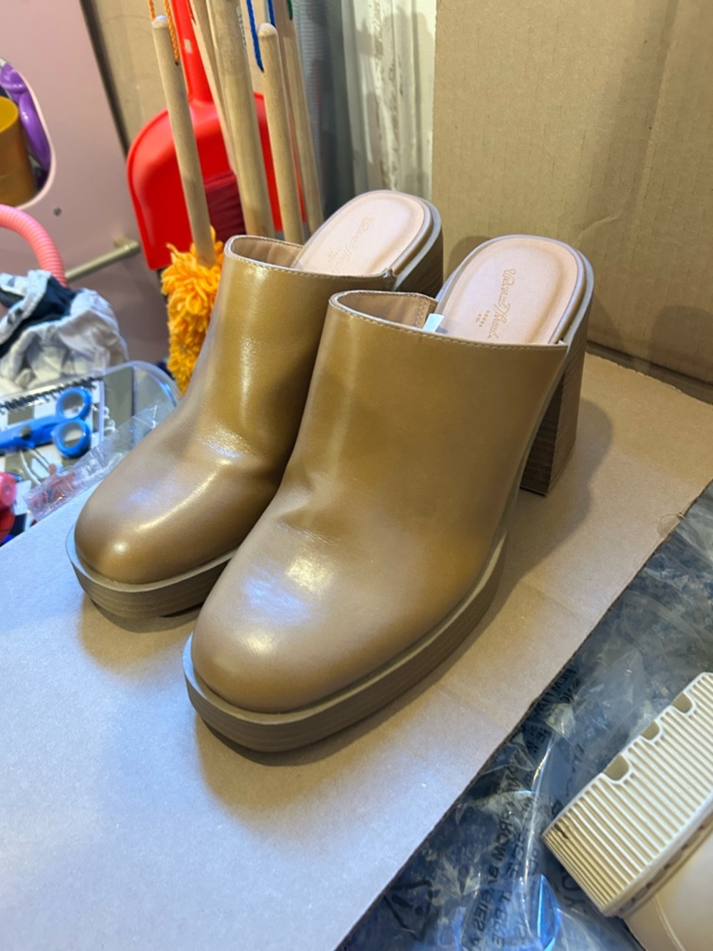 Women's Tan Platform Mule Heels - Slip-On Block Heel